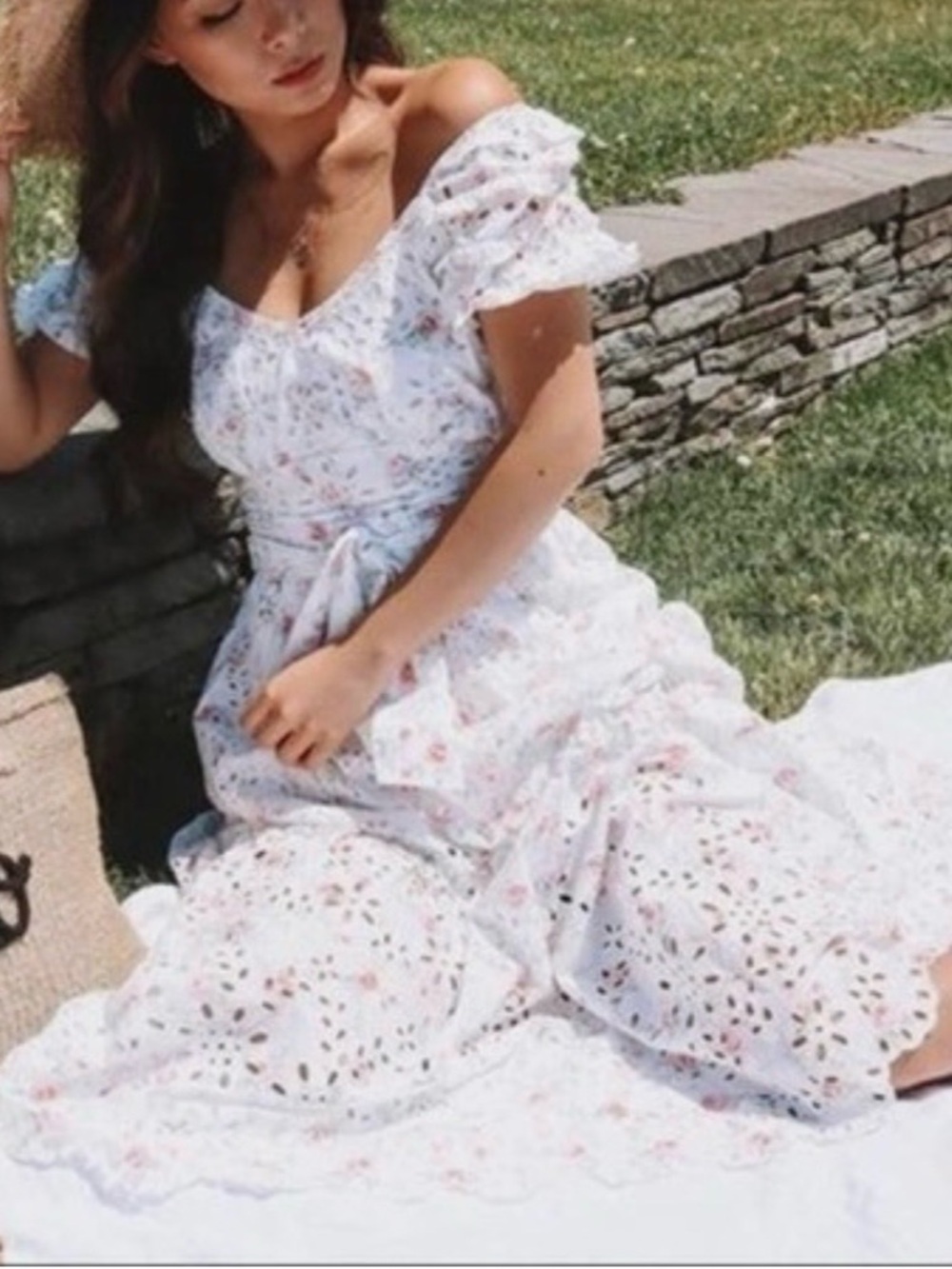 LoveShackFancy White Eyelet Midi Dress with Soft Pink Floral Print